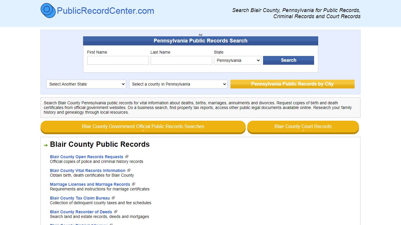 Blair County Pennsylvania Free Public Records - Court Records ...