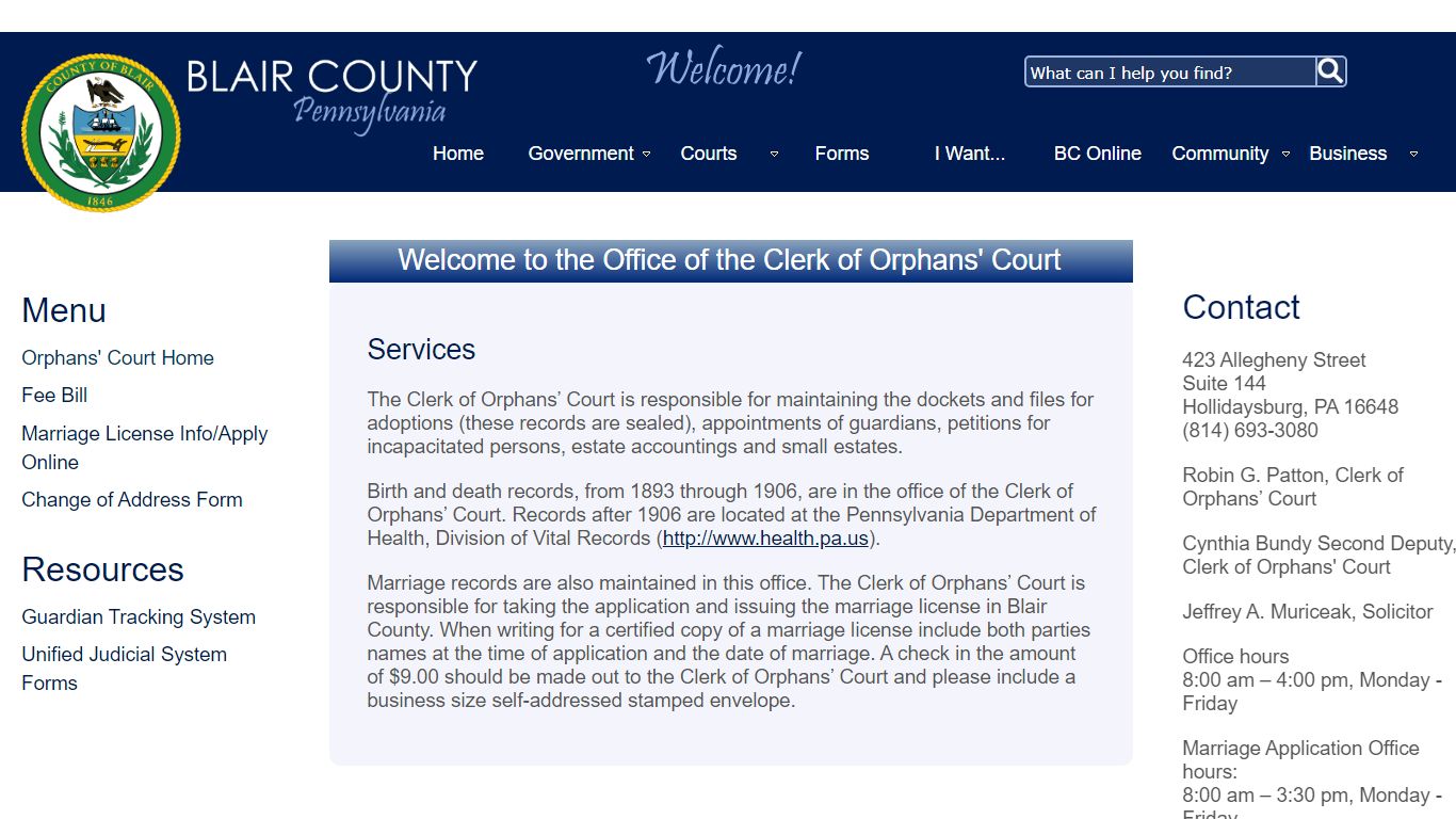 Welcome to the Office of the Clerk of Orphans' Court